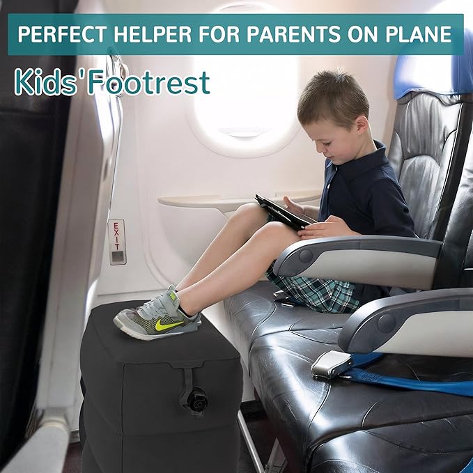 Inflatable Travel Foot Rest Pillow, Adjustable 3 Layers Height Leg Rest Pillow, Kids Airplane Bed, Adults Travel Essentials on Plane, Trains, Cars, Office, Home (Black, 2 PCS)