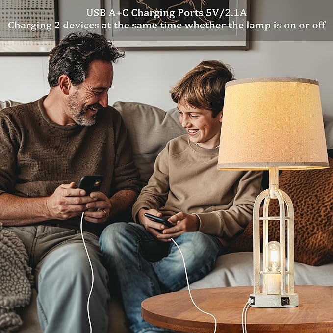 SRJJA Farmhouse Table Lamps for Living Room Set of 2 - Rustic Industrial Bedside Lamps for Bedroom Nightstand with Nightlight and USB A+C, 4 Bulbs Included