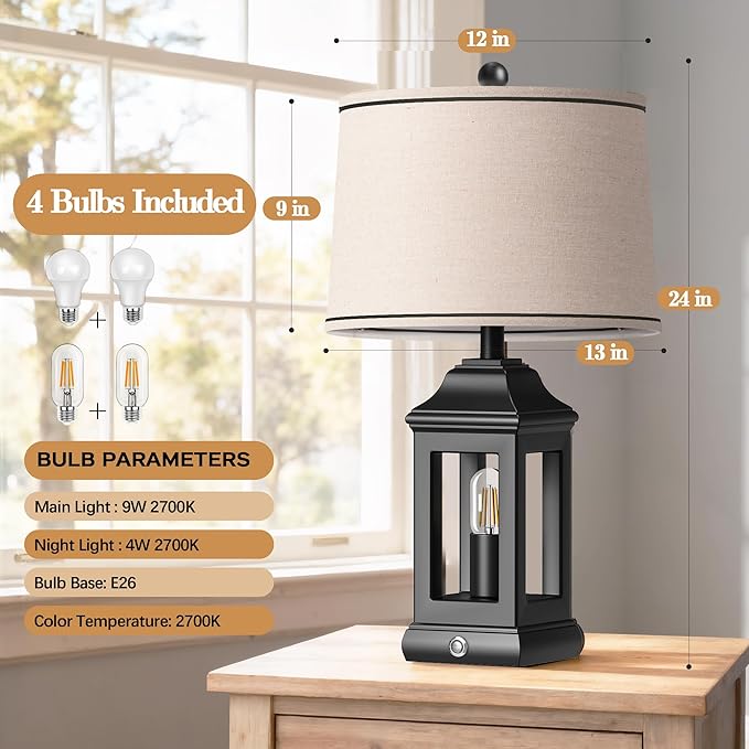 24" Rustic Farmhouse Table Lamps for Living Room, Single Pack Touch Dimmable Nightlight Vintage Bedside Lamps with USB A+C Ports & Dual Light Sources for Bedroom Nightstand End Table, Matte Black