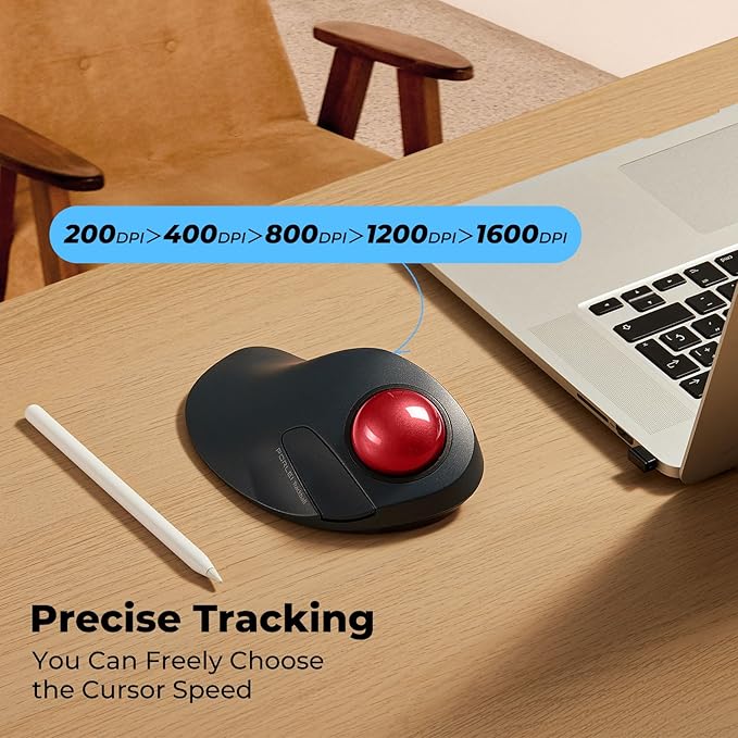Wireless Trackball Mouse for Large Hands, Ergonomic Index Finger Control, Rechargeable Bluetooth/USB Mouse with Precise Smooth Tracking, Multi-Device Connection for Windows & Mac, Red