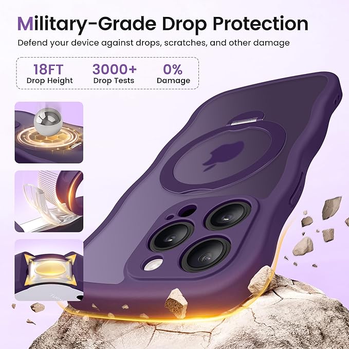 CAPRARO for iPhone 14 Pro Max Case with 360° Spin Magnetic Stand for Women, [Compatible with MagSafe] [Full Camera Protection] Cute Wave Translucent Matte Case for iPhone 14 Pro Max, Deep Purple