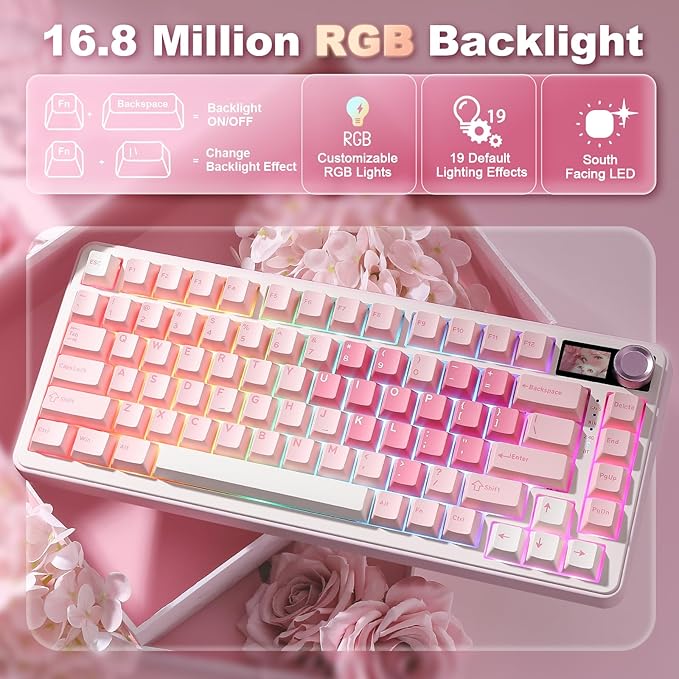 YUNZII B75 PRO MAX QMK/VIA Wireless Mechanical Keyboard,75% Layout with Screen and Knob,Custom Hot Swap Gasket,Creamy Pre-lubed Switches,Bluetooth/Type-C/2.4G for Win/Mac (Pink Heart,Milk V2 Switch)