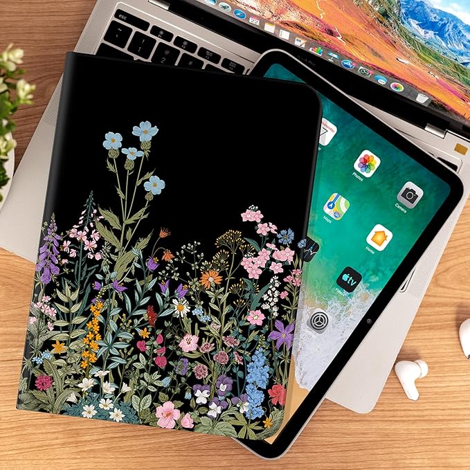 for iPad (A16) 11Th/10Th Generation Case 2025/2022, for iPad Case 11Th/10Th Generation, 10Th/11Th Gen iPadCase Cover Auto Wake/Sleep Multi-Angle Viewing Adjustable Stand, Black Flower
