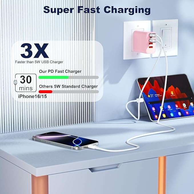 USB C Charger Block, 60W 5 in 1 Charging Blocks, PD 3.0 Fast Charger, QC 2A Pink Wall Plug Multiport Type C Charging Block for iPhone 17 16 15 14 13 12 Pro Max, iPad, iPod, Samsung, AirPods Pro