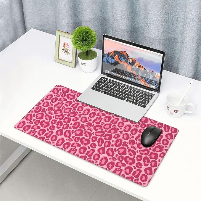 Pink Leopard Print Large Extended Mouse Pads XL Mousepad with Stitched Edges Non-Slip Rubber Base Computer Keyboard Pad Desk Mat for Home Office Desk Decor, 29.5" X 15.8"