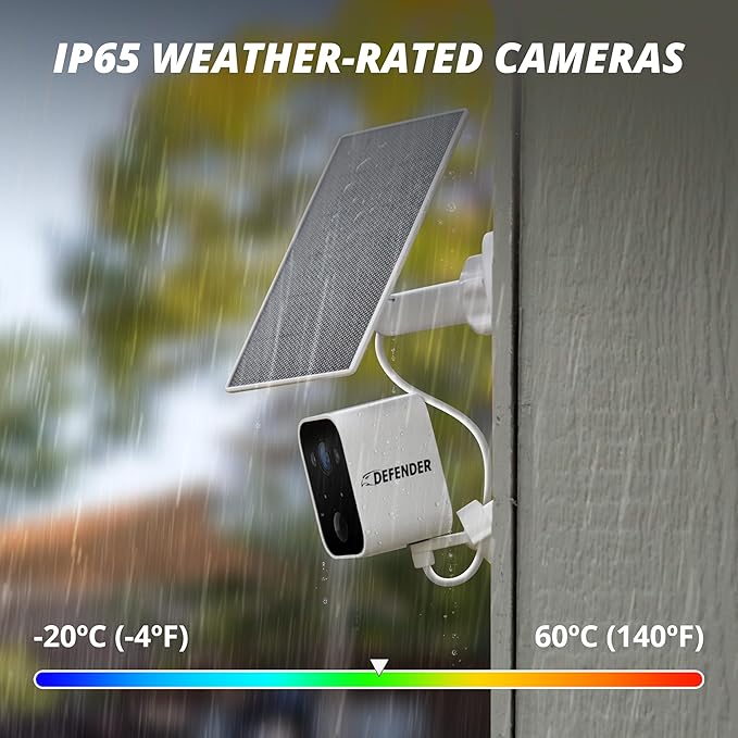 Defender Solar Powered 4K/8MP AI Everwatch Wireless Outdoor Security Camera, 3 Pack, Battery Powered, AI Tracking, Color Night Vision, Spotlight/Siren, IP66 Rated, Two-Way Talk, No Monthly Fees