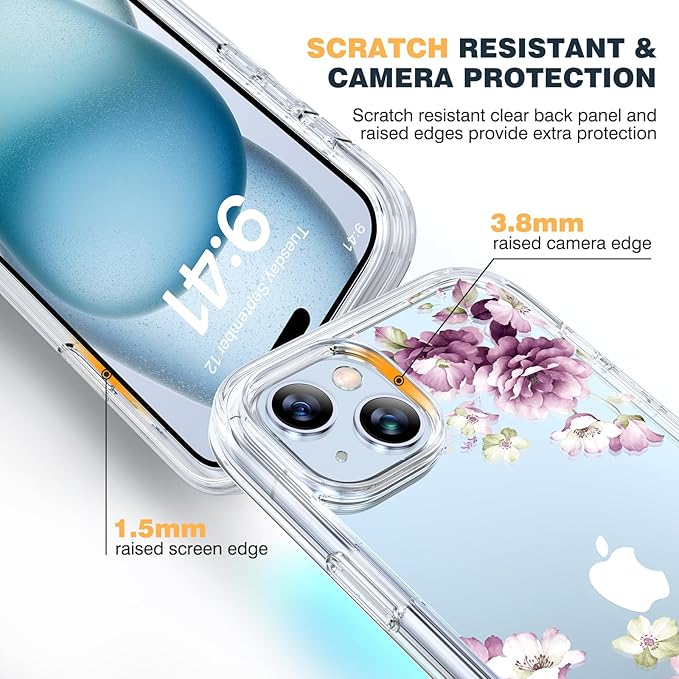 Diaclara Designed for iPhone 15 Plus Phone Case,Full Body Rugged Case with Built-in Screen Protector+9H Tempered Glass Camera Lens Protector (Clear Flower)