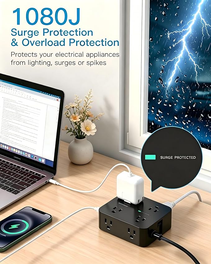 10 Ft Power Strip Flat Plug, Extension Cord Surge Protector with 8 Outlets and 4 USB Ports (2 USB C), Ultra Thin Flat Wall Plug, 1080J Surge Protection, Mountable Charging Station for Dorm, Office