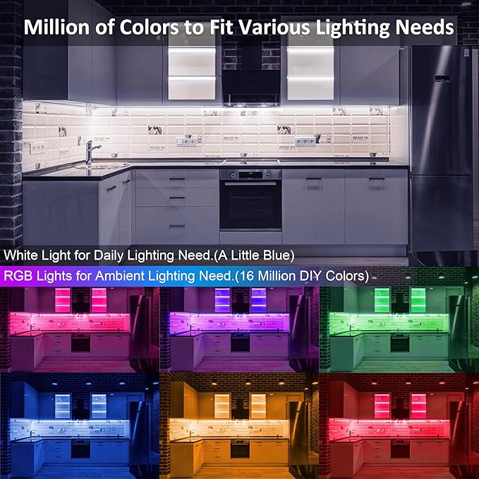 Benreom 3 Pcs RGB Under Cabinet Lights Kit, Smart App and Remote Control Under Cabinet Lighting, Dimmable Under Counter Lights for Kitchen, Plug in LED Lights Bar for Cabinet, Counter, Workbench, Desk