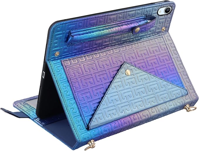 Shiny Case for iPad mini 7 2024/Mini 6th Gen Handbag Case, Techcircle Iridescent PU Leather Folio Envelope Pocket Stand Cover with Hand Strap+Shoulder Strap+Pencil Holder+Card Slots, Shiny Indigo