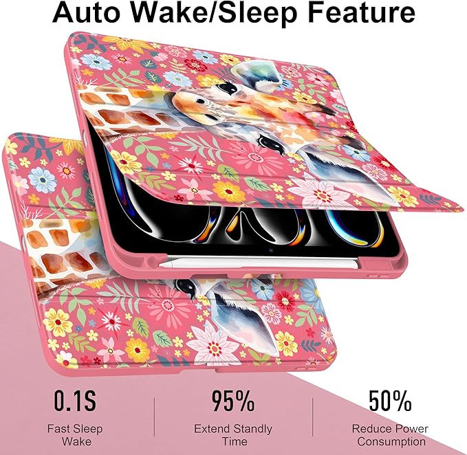 Case for iPad Pro 13 inch (M5) 2025 (M4) 2024 Release Slim Lightweight Cute Hot Pink Cover with Clear Back TPU Edge Pencil Holder Trifold Stand, Giraffe