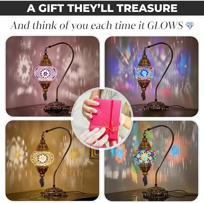 DEMMEX Turkish Moroccan Mosaic Table Lamp – Handcrafted Tiffany-Style Colorful Glass Swan Neck Bedside, Desk, Table Light, Boho Artisan Accent Lighting for Bedroom or Living Room – 15" H, Black White