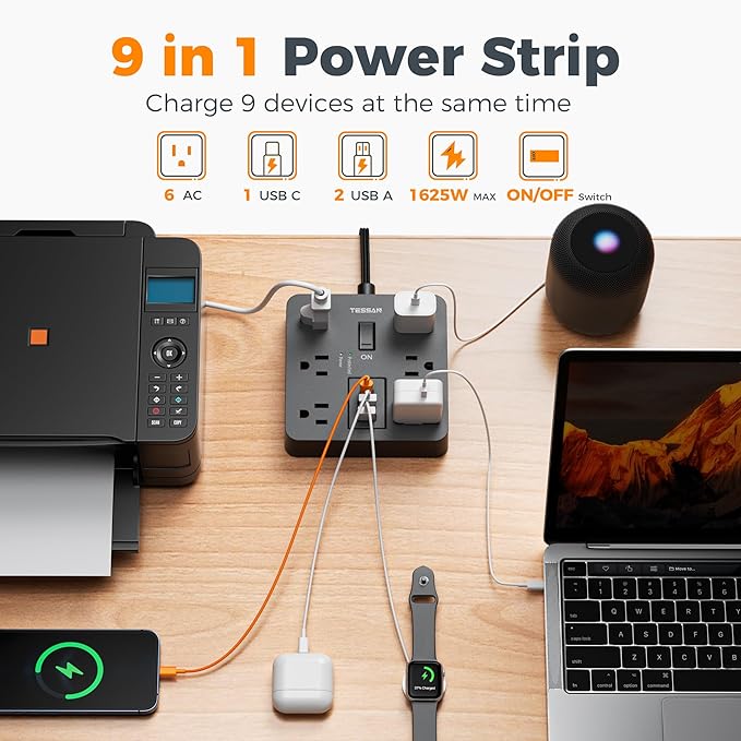 TESSAN 10Ft Black Extension Cord with Multiple Outlets, Surge Protector Power Strip with 6 Outlets and 3 USB Ports (1 USB C), 1700 Joules Protection, Flat Plug, Outlet Extender for Home, Office, Dorm