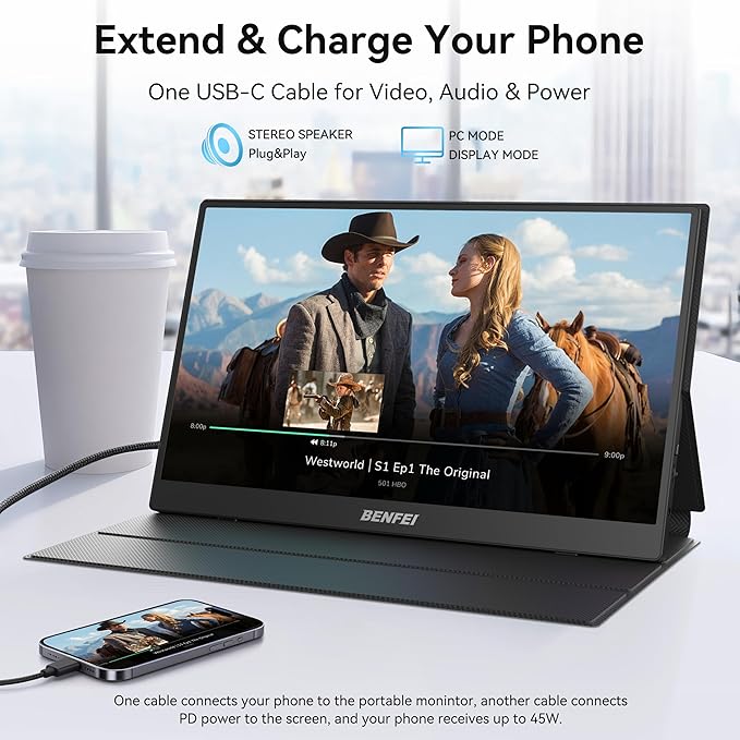 BENFEI Portable Monitor 15.6'', FHD 1080P HDMI USB-C Gaming Display, Ultra-Slim IPS HDR Screen w/Smart Cover & Speakers, Plug & Play External Monitor for Laptop PC Phones Tablet PS5/4 Xbox Switch