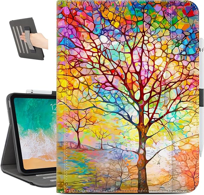 for iPad (A16) 11Th/10Th Generation Case 2025/2022, for iPad Case 11Th/10Th Generation, for iPad 10Th/11Th Gen Cases Pencil Holder/Hand Strap/Pocket/Adjustable Stand, Colorful Tree of Life