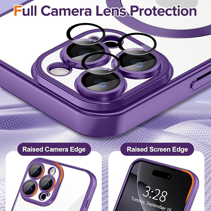 Hython Magnetic Clear for iPhone 16 Pro Max Case with Camera Lens Protector [Compatible with MagSafe] Plating Edge Slim Soft TPU Cover Protective Phone Case for iPhone 16 Pro Max 6.9", Matte Purple