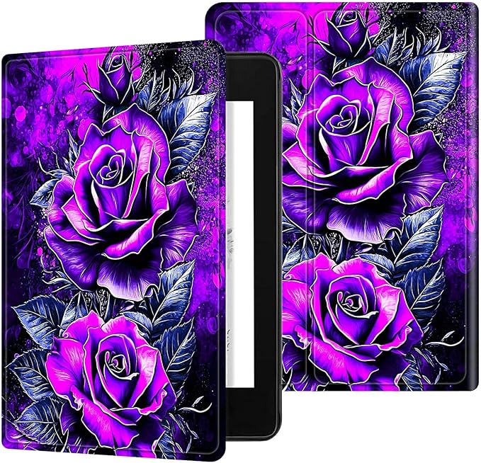 for 6.8" Kindle Paperwhite (11th Generation 2021) and Kindle Paperwhite Signature Edition Case, Slim Kickstand Stand Leather Smart Cover with Auto Wake/Sleep, Purple Rose Wall