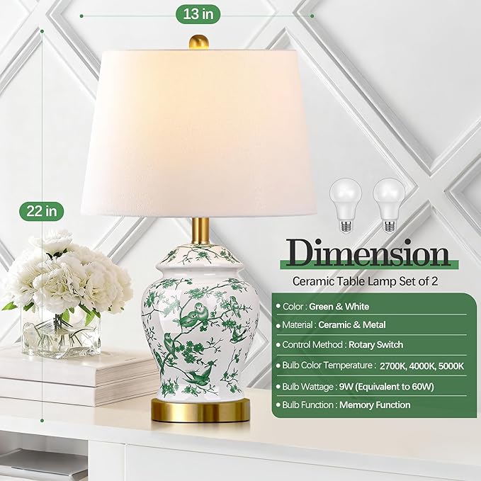 QiMH Chinoiserie Ceramic Table Lamps Set of 2 for Living Room, Vintage Traditional Bedside Lamps for Nightstands, 22" Large Green and White Table Lamp for Bedroom Cottage, Gold(LED Bulbs Included)