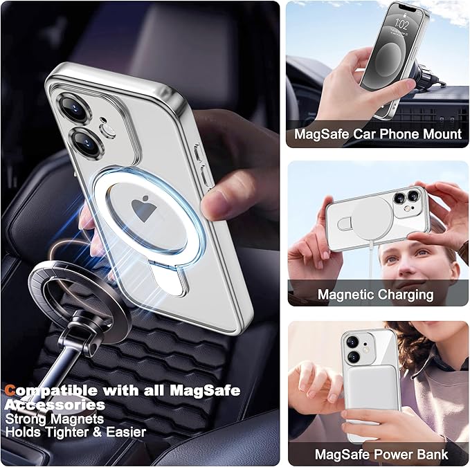 Compatible with iPhone 12 Case with Invisible Magnetic Ring Stand [Compatible with Mag-Safe] [Full Camera Lens Protector] Plating Clear Phone Case for iPhone 12 6.1", Silver