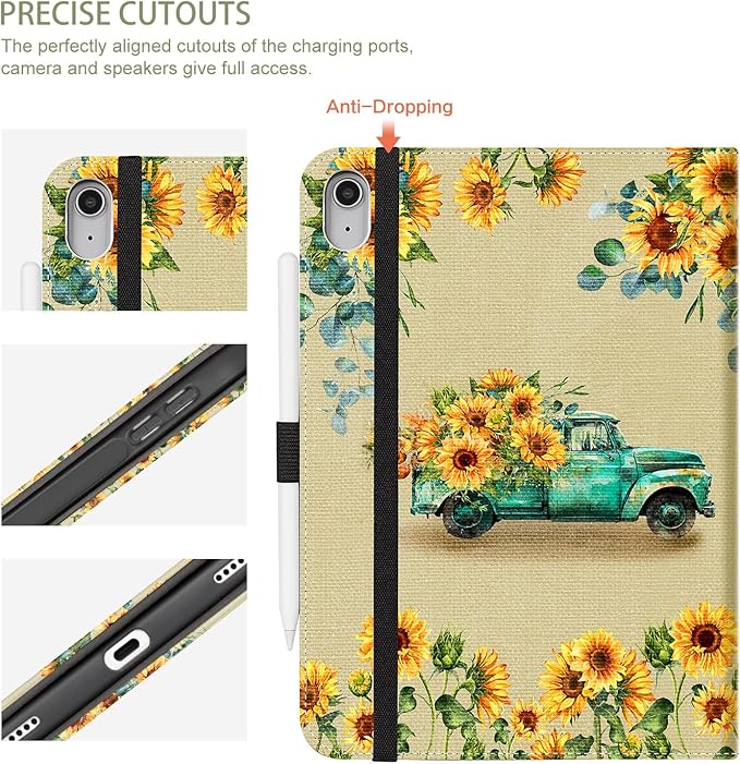 for iPad (A16) 11Th/10Th Generation Case 2025/2022, for iPad Case 11Th/10Th Generation, 10Th/11Th Gen iPadCase Cover Pencil Holder/Hand Strap/Pocket/Adjustable Stand, Sunflower Truck