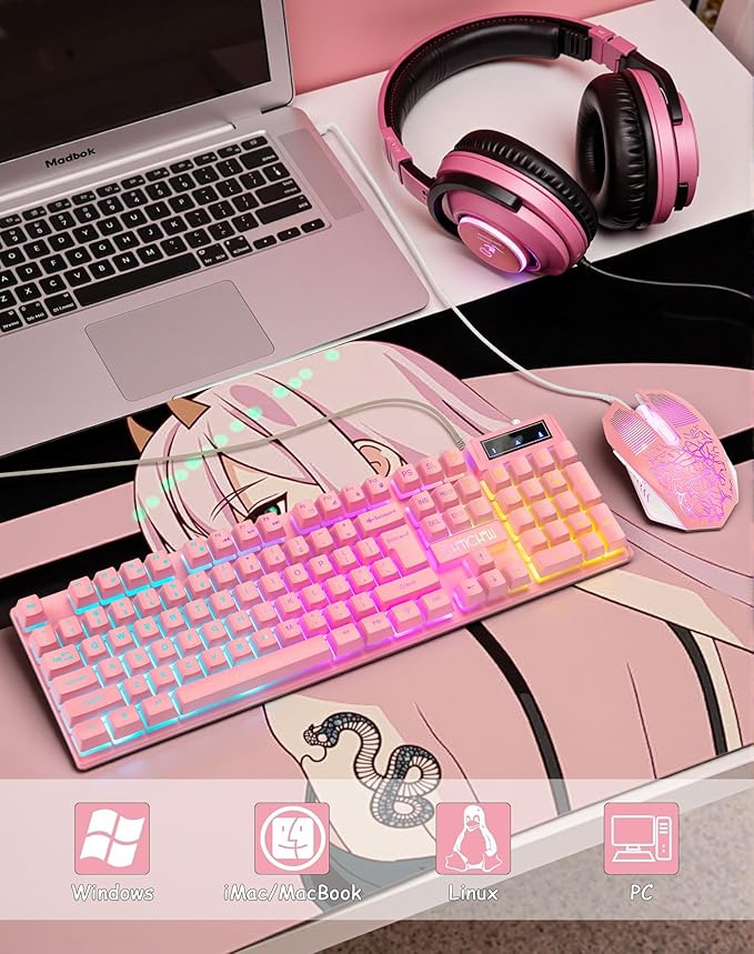 CHONCHOW Pink Gaming Keyboard and Mouse Combo with LED, 104 Keys Wired Light Up Pink Keyboard and Cute Mouse Set for PC Laptop Computer PS4 PS5 Xbox, 19 Keys Anti-ghosting, Multimedia Keys, Number Pad