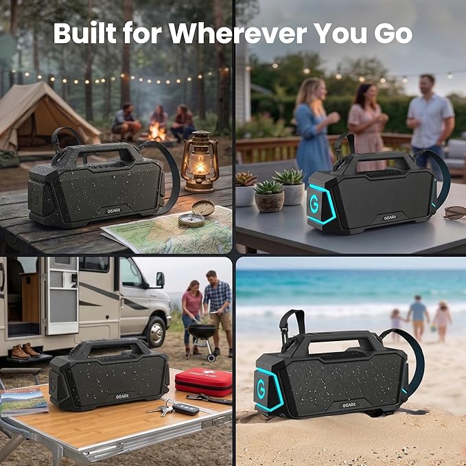GEARit Boombox Outdoor Speaker Portable | 120W Subwoofer Deep Bass Karaoke | IPX6 Waterproof RGB Light Bluetooth 5.3 EQ | AUX/MicroSD/USB Power Bank 12H Playtime for Camping Beach Party Pool Gift
