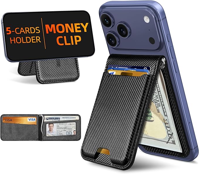 For Magsafe Wallet with Money Clip, Strongest Magnetic Wallet for iPhone 17/16/15/14/13/12 Series, Adjustable Stand, ID Window, 5 Card Holder, Vegan Leather, Not for 13/12 Mini, Black Carbon Fiber