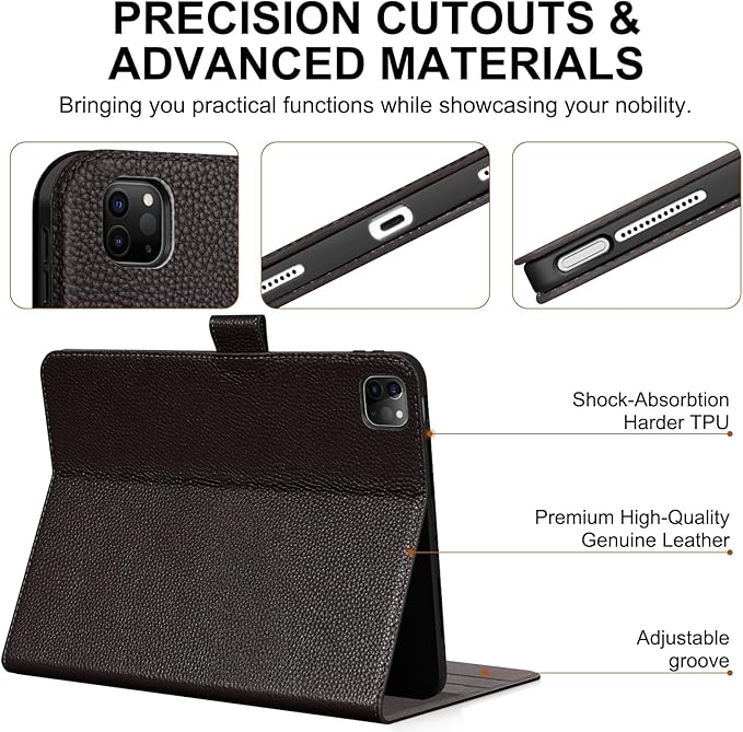 Genuine Leather Case for iPad Pro 11 Inch 4th/3rd/2nd/1st Generation 2022/2021/2020/2018 | with Pencil Holder and Adjustable Stand, Magnetic Closure, Auto Wake/Sleep Cover | Dark Brown