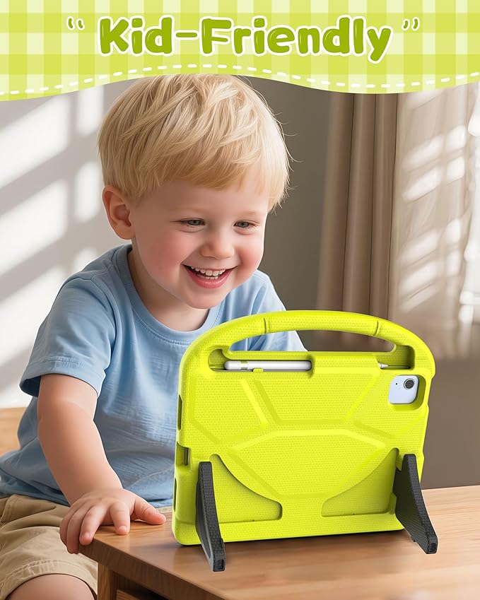 Kids Case for iPad A16 11th Gen 11-Inch 2025 & iPad 10th Generation (10.9" 2022), Durable Shockproof Fully-Body Cover with Screen Protector/Pencil Holder/Stand/Handle for Kids, Light Yellow