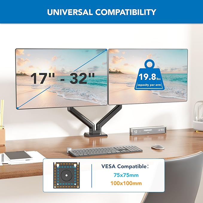 Mount-It! Dual Monitor Mount, Full Motion Spring Arms, Fits 17–32″ Screens up to 19.8 lbs Each, VESA 75x75 & 100x100, Tilt/Swivel/Rotate, Clamp or Grommet Dual Monitor Desk Mount