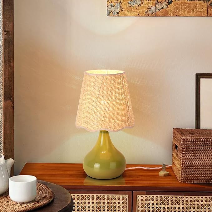 Green Small Touch Control Table Lamp for Bedroom,Green Bedside Lamps for Nightstand,Cute Mini Small Table Lamps for Small Spaces with Scalloped Shade for Kitchen Counter,Bookshelf,Living Room