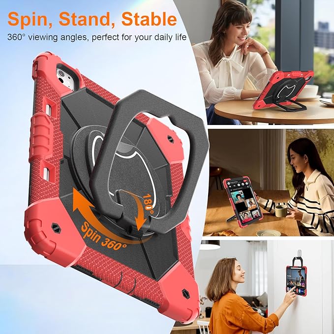 Case for iPad Pro 13 Inch M5 2025/ M4 2024, Ubearkk for iPad Pro 13 Inch case with Screen Protector, 360 Degree Rotating Stand Shoulder Strap Pencil Holder,Military Grade Shockproof, Red Black