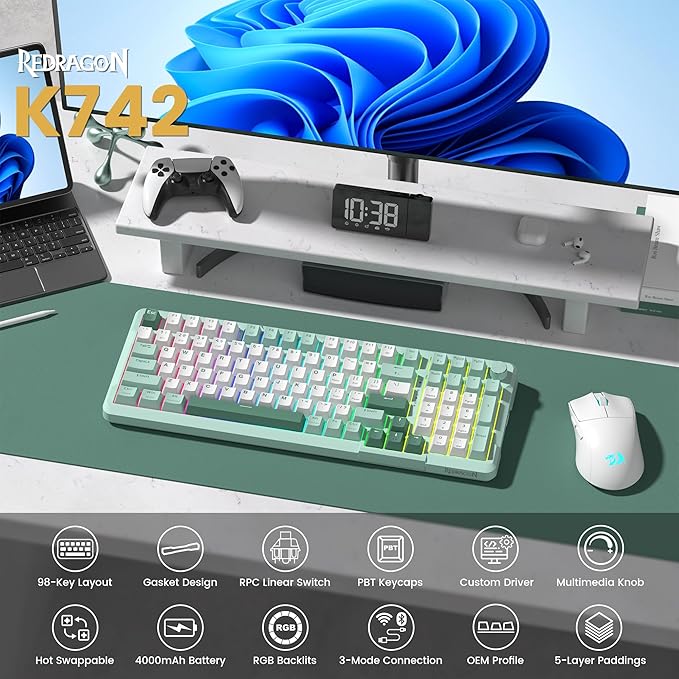 Redragon K742 Wireless Mechanical Gaming Keyboard with Knob, Bluetooth 5.0/2.4GHz/USB C Wired Creamy Keyboard with Number Pad for PC Computer, RGB Backlits, Hot-Swappable with Linear Switches (Green)