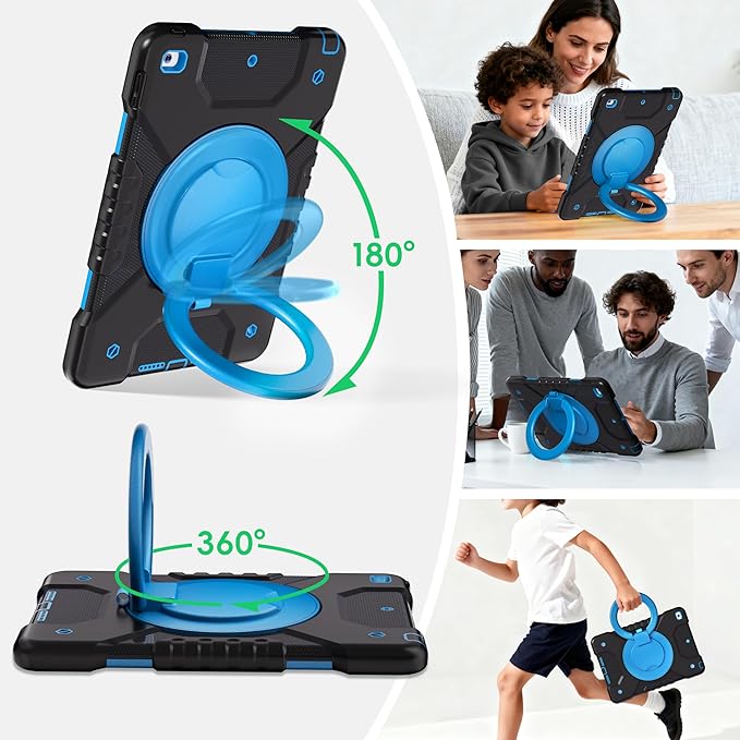 Andnary Case for iPad 9th/8th/7th Generation 10.2 inch, Shockproof Cover with Screen Protector/360° Rotating Handle/Bracket/Pen Holder/Shoulder Strap, Kids Case for iPad 2021/2020/2019 (Black+Blue)