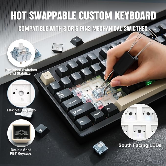 YUNZII AL75 PRO 75% Wireless Mechanical Gaming Keyboard,Full Aluminum CNC,BT/2.4G/Wired,PBT Keycaps,Gasket Mounted Hot Swap,Custom RGB Backlight, Programmable for Mac/Win (Black, Gateron Zero)