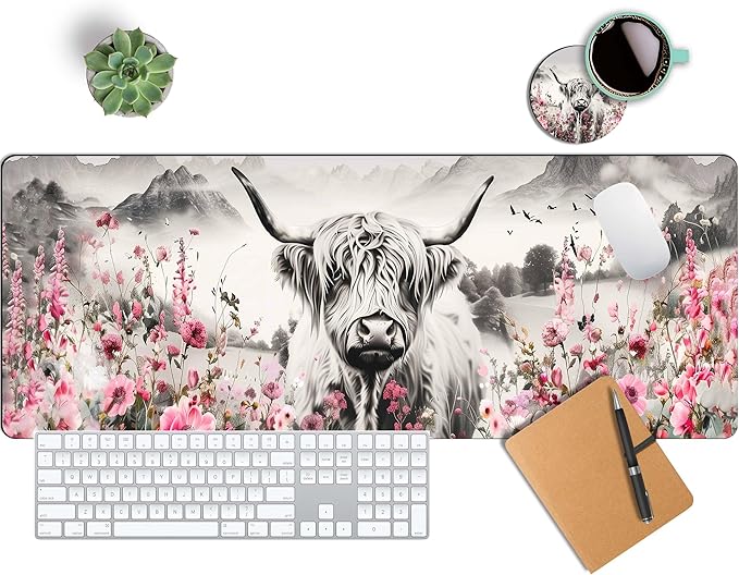 Highland Cow Mouse Pad, Extended Large Desk Pad with Stitched Edges 31.5 x 11.8 Mousepad Desk Mat for Desktop Decor and Accessories Workplace Home XXL Desk Pad for Gaming Office Big Mousepad
