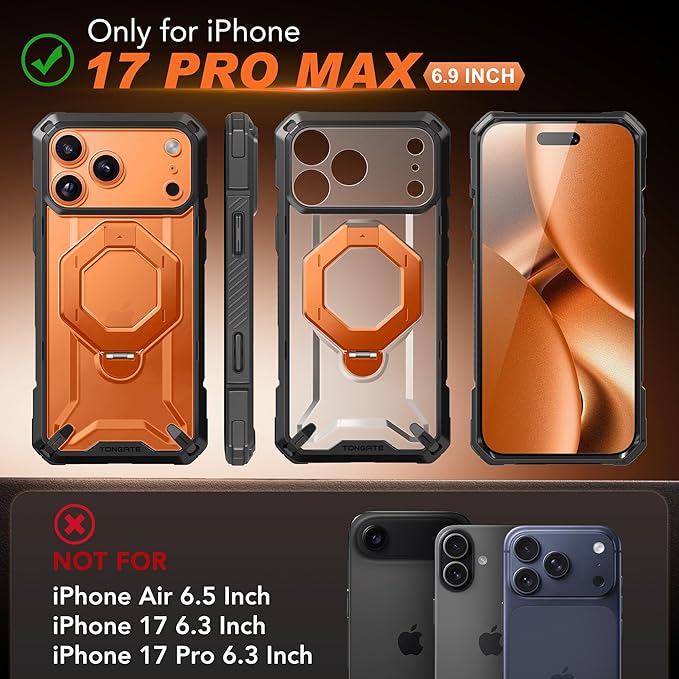 TONGATE for iPhone 17 Pro Max Case with 360° Spin Magnetic Stand, [Compatible with MagSafe][Military-Grade Protection] with Privacy Screen Protector & Camera Control Cover for 17 ProMax, Clear Orange