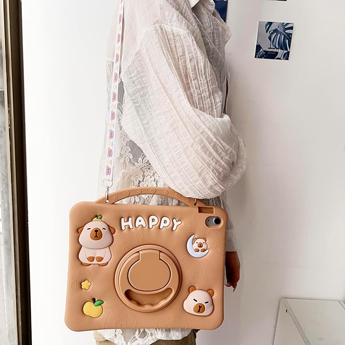 3D Cute Press Capybara Case for iPad 9th/8th/7th 10.2 inch/Air 3rd 2019 /Pro 2017 10.5 inch,Kawaii Cartoon Character Capybara Soft Silicone Rotating Stand Case with Lanyard for Kids Girls Women