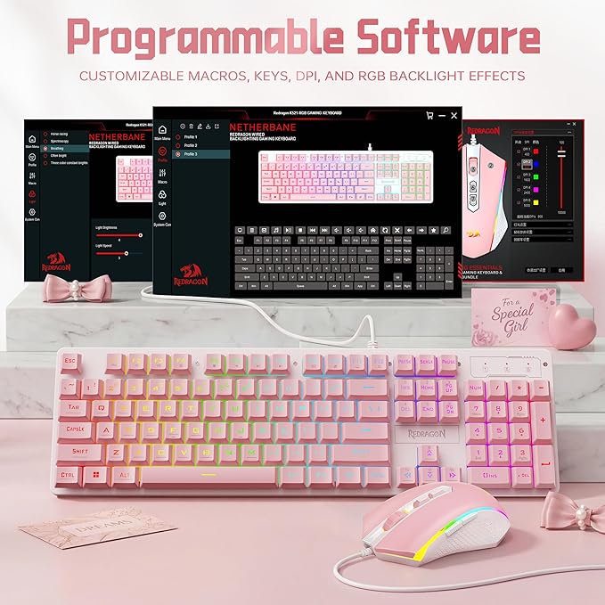 Redragon Updated S107WP Gaming Keyboard and Mouse, RGB Gaming Keyboard and 10000 DPI Mouse Combo with 25-Key Anti-Ghosting, 1K Hz Programmable Mice with Software, Plug & Play to PC, Laptop - Pink