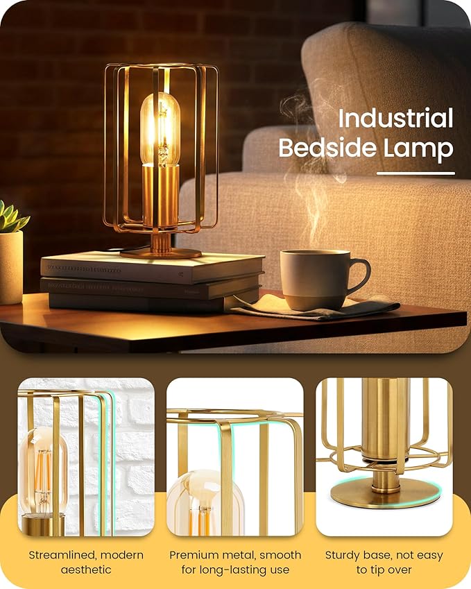 Industrial Table Lamp Set of 2, Small Brass Desk Lamp with Dimmable 2400K Warm Light LED Bulb, Vintage Desk Lamp, Nightstand Lamp for Bedroom, Study, Office, Small Space, Gold D05TLP205