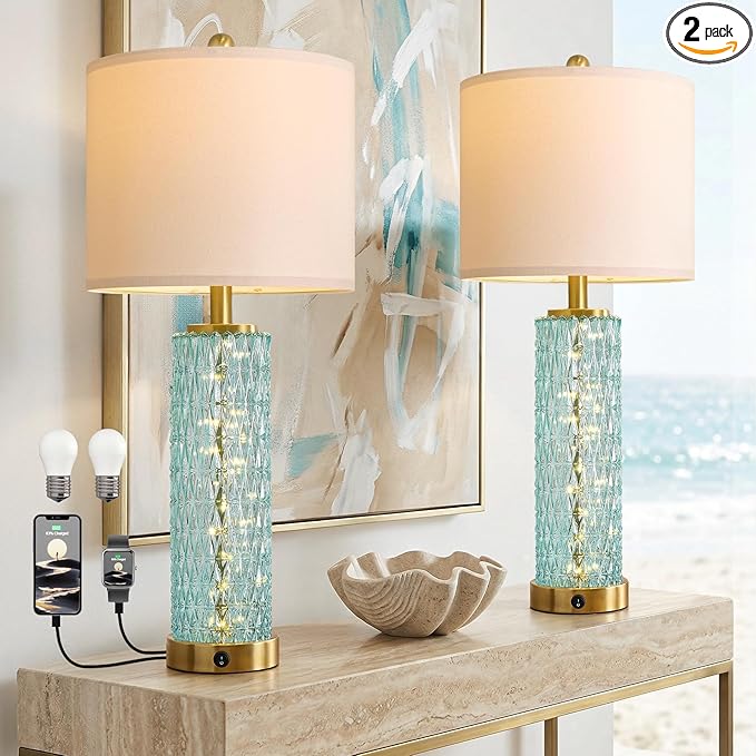 Oneach 27.75" Coastal Table Lamps Set of 2, Clear Blue Bedside Lamp with Glass Nightlight, USB A+C, Unique Desk Lamps for Living Room, Bedroom, Nightstand, End Table (2 Bulbs Included)