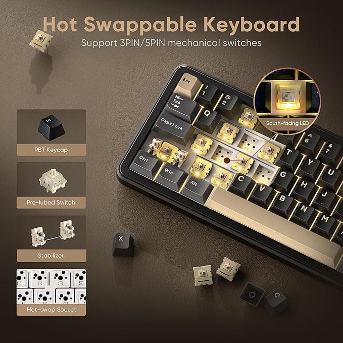 RedThunder K65 Wireless Mechanical Keyboard, CNC Knob, Tri-Mode BT5.0/2.4GHz/USB-C Hot Swappable Custom, Pre-lubed Linear Coconut Switches, Gasket Structure, RGB Gaming Keyboard, Black-Gold