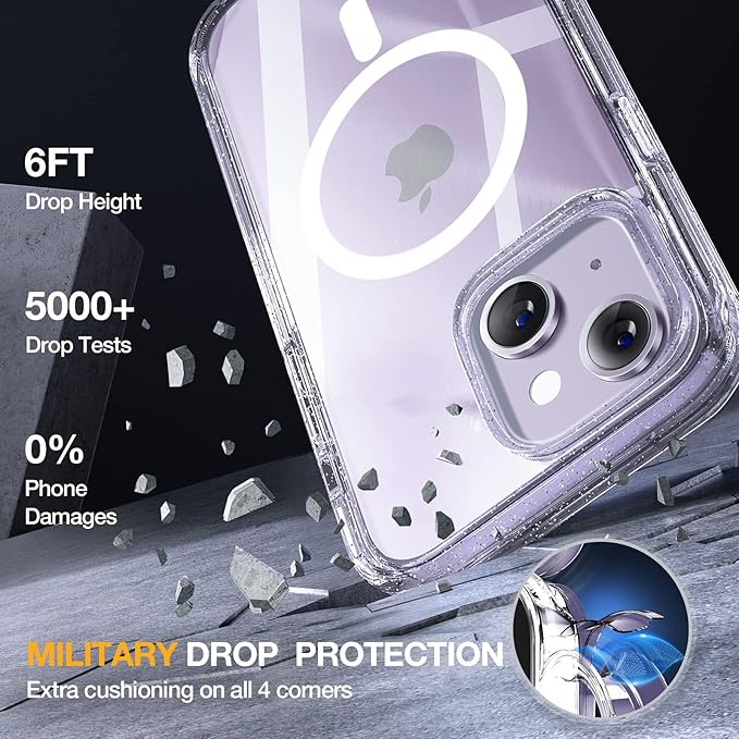 Miracase Glass Series Designed for iPhone 14 Plus Case 6.7 inch, 2023 Upgrade Full-Body Magnetic Clear Case with Built-in 9H Tempered Glass Screen Protector,Compatible with MagSafe,Clear Glitter