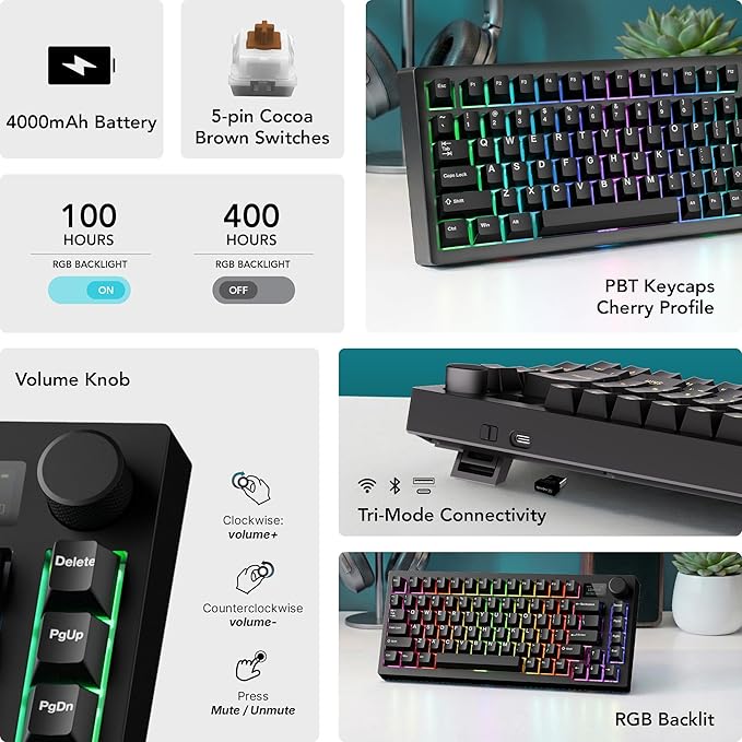 TECWARE Spectre 75 Mechanical Gaming Keyboard | Customizable LCD Screen Display & Knob | Tri-Mode Wireless Bluetooth 2.4GHz | Gasket Mount Hot Swappable | Black Cocoa Brown Tactile Switches