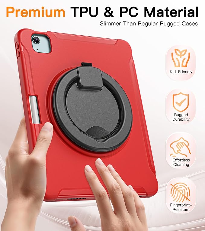 BATYUE Shockproof Case for iPad Air 11" M2/M3/M4, Air 4/5 10.9", iPad Pro 11" 1st-4th Gen 2018-2022 | 360° Multi-Angle Stand (Portrait & Landscape) & Grip, Built-in Pencil Holder, Red
