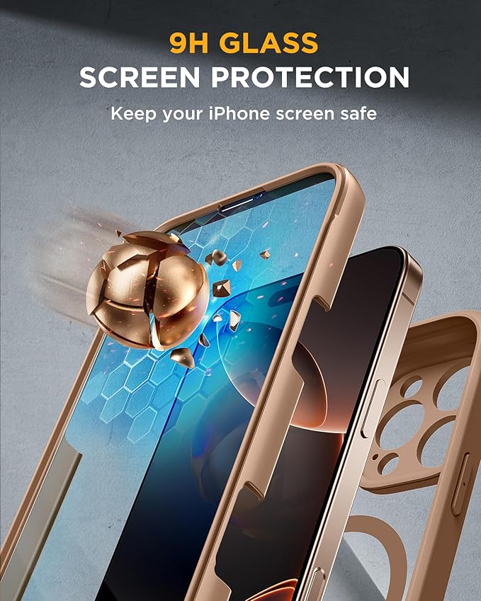 Miracase Magnetic for iPhone 16 Pro Case Full-Body Phone with Built-in Glass Screen Protector, [Compatible with MagSafe] Military Drop Proof 16 Pro Cover Bumper 6.3 inch, Gold Brown