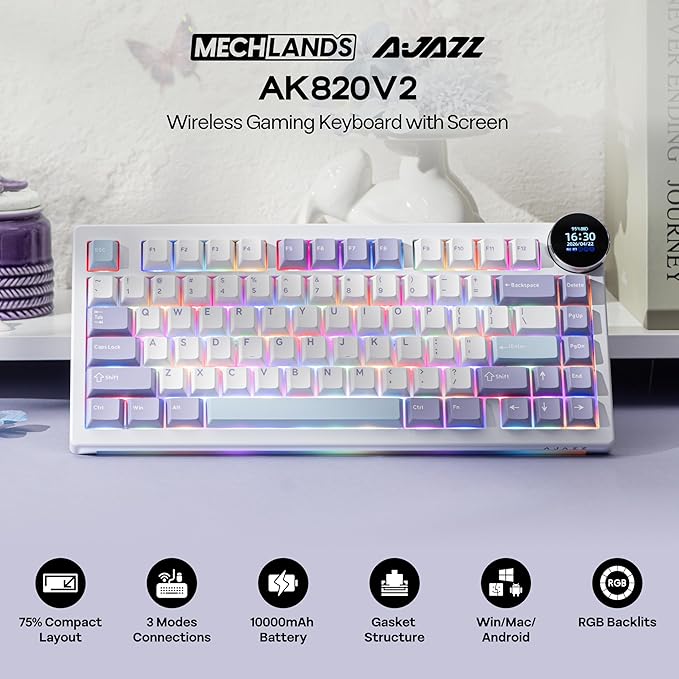 MechLands AJAZZ AK820V2 75% Wireless Gaming Keyboard with 0.9” TFT Display Screen & Knob, Gasket Mechanical Creamy Keyboard with 10000mAh Battery, Hot Swappable, RGB for Win/Mac (White Purple)