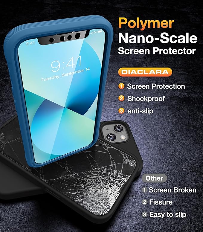 Diaclara Designed for iPhone 13 Case, Full Body Rugged with Built-in Touch Sensitive Anti-Scratch Screen Protector, Soft TPU Bumper Case for iPhone 13 6.1" (Blue and Clear)