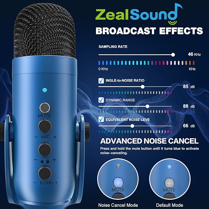 ZealSound Podcast Microphone for PC, Noise Cancellation USB Mic with Gain, Volume Adjustment & Mute Button, Monitoring & Echo, for YouTube, TikTok, Podcasting, Streaming, iPhone, iPad, Android(Blue)