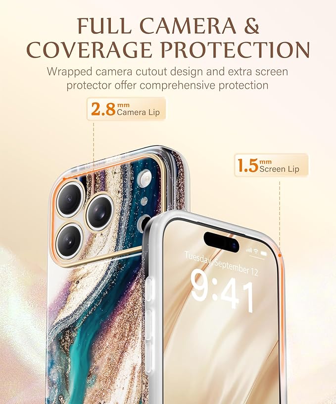 GVIEWIN for iPhone 17 Pro Case Compatible with MagSafe, [Full Camera Protection][Military-Grade Protection] Shockproof Protective Slim Magnetic Marble Phone Case for 17 Pro 6.3", Drift Sand/Gold